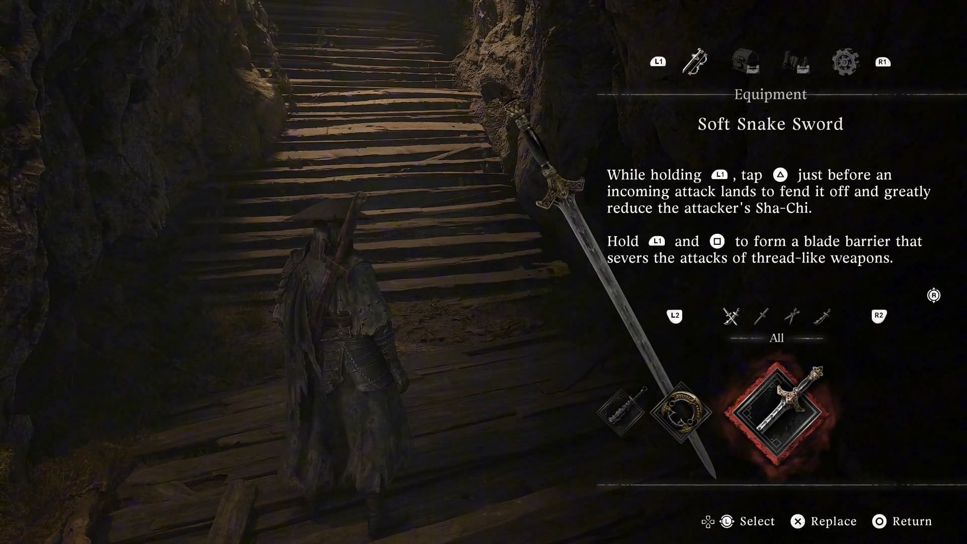 Gameplay still and lore on the Soft Snake Sword (Image via S-Game)